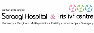 Saroqi Hospital & Iris IVF Centre logo with three colored flower icons and services: maternity, surgical, multispeciality, fertility, laparoscopy, surrogacy; ISO 9001:2008 certified